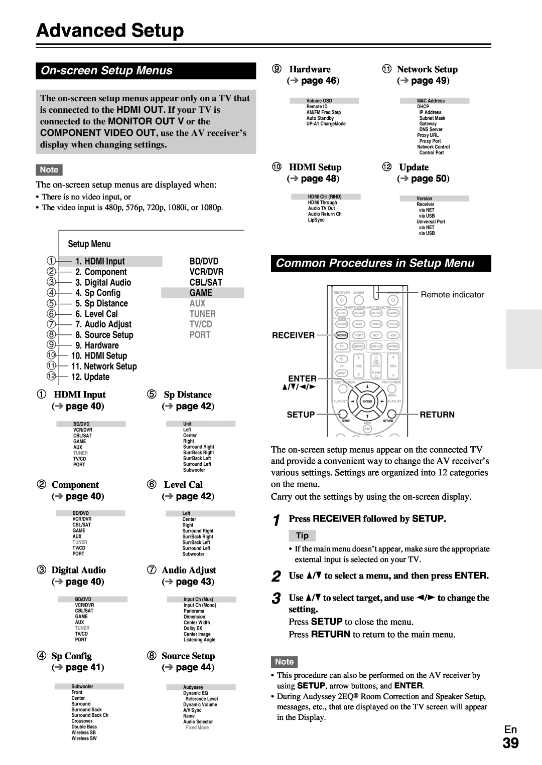 Onkyo TX-NR509 Advanced Setup, On-screenSetup Menus, Common Procedures in Setup Menu, page, HDMI Input, Bd/Dvd, Component 