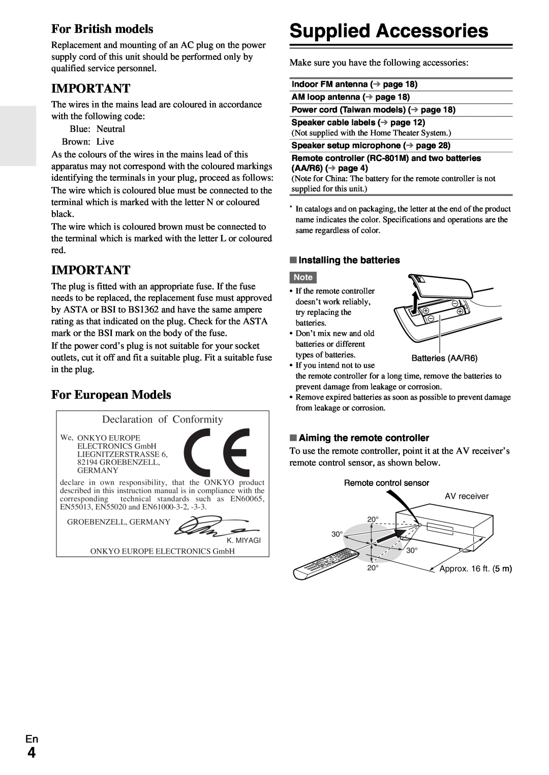 Onkyo TX-NR509 instruction manual Supplied Accessories, For British models, For European Models, Declaration of Conformity 