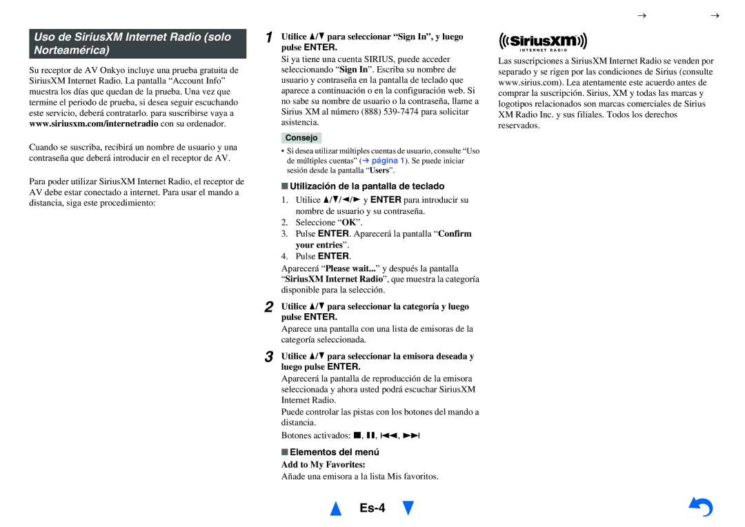 Onkyo TX-NR515 Es-4, Uso de SiriusXM Internet Radio solo Norteamérica, Añade una emisora a la lista Mis favoritos 