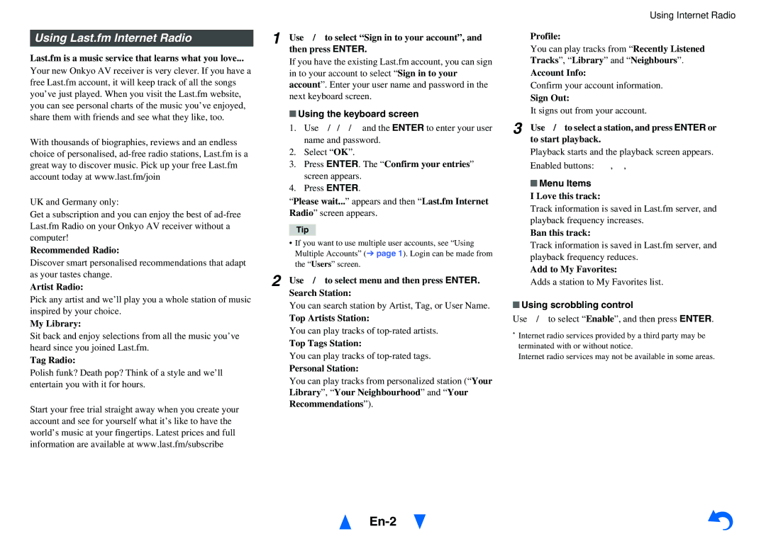 Onkyo TX-NR515 instruction manual Using Last.fm Internet Radio, Recommendations 