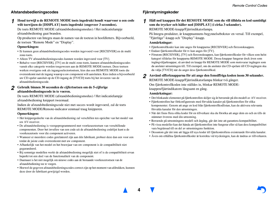 Onkyo TX-NR515 instruction manual Afstandsbedieningscodes, Fjärrstyrningskoder, Opmerkingen, Anmärkningar 