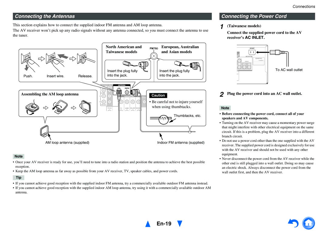 Onkyo TX-NR515 instruction manual En-19, Connecting the Antennas, Connecting the Power Cord 