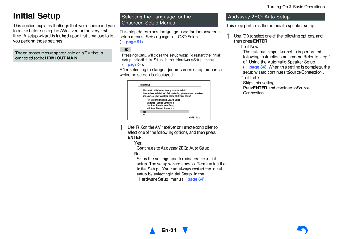 Onkyo TX-NR515 Initial Setup, En-21, Selecting the Language for the Onscreen Setup Menus, Audyssey 2EQ Auto Setup, Enter 