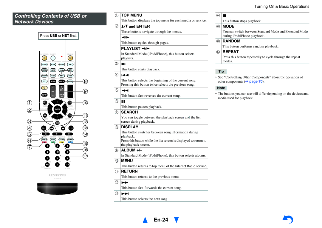 Onkyo TX-NR515 instruction manual En-24, Controlling Contents of USB or Network Devices 