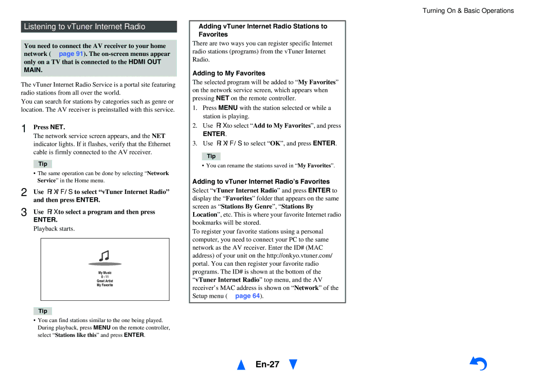 Onkyo TX-NR515 instruction manual En-27, Listening to vTuner Internet Radio, Main 