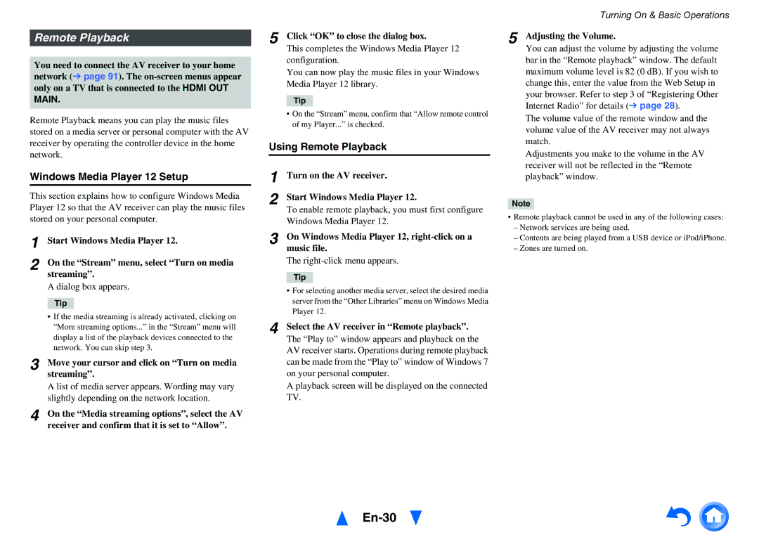 Onkyo TX-NR515 instruction manual En-30, Windows Media Player 12 Setup, Using Remote Playback 