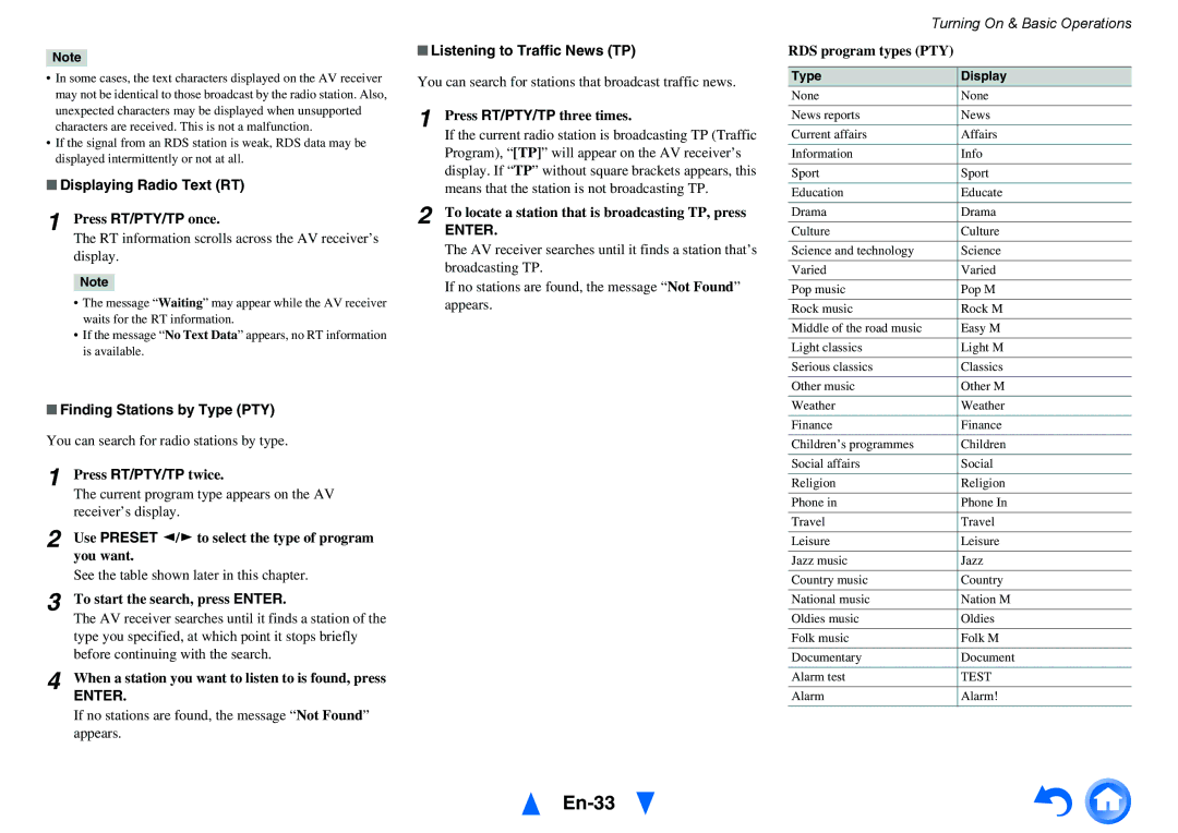 Onkyo TX-NR515 En-33, Displaying Radio Text RT, Finding Stations by Type PTY, Listening to Traffic News TP 