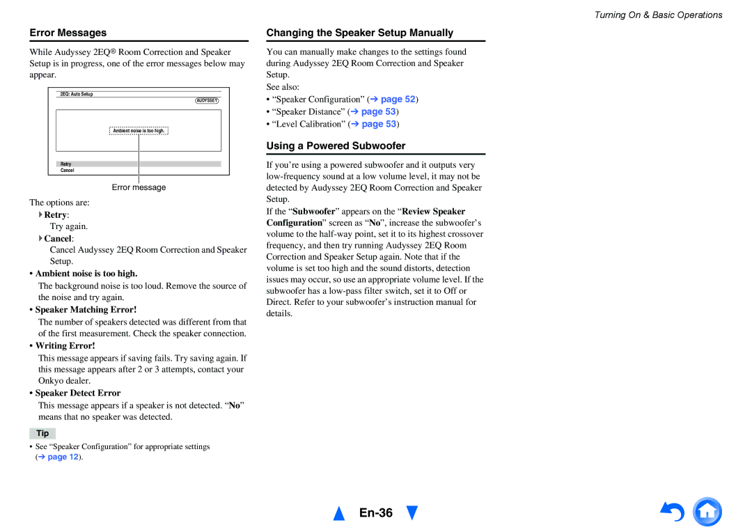 Onkyo TX-NR515 instruction manual En-36, Error Messages, Changing the Speaker Setup Manually, Using a Powered Subwoofer 