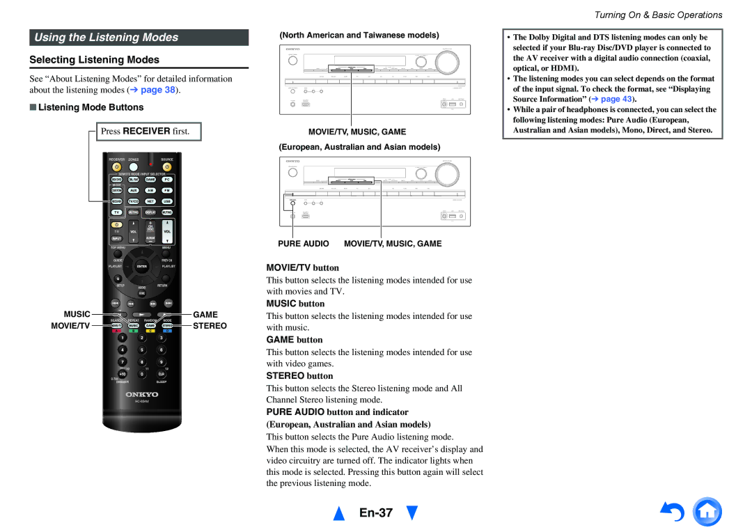 Onkyo TX-NR515 instruction manual En-37, Using the Listening Modes, Selecting Listening Modes 