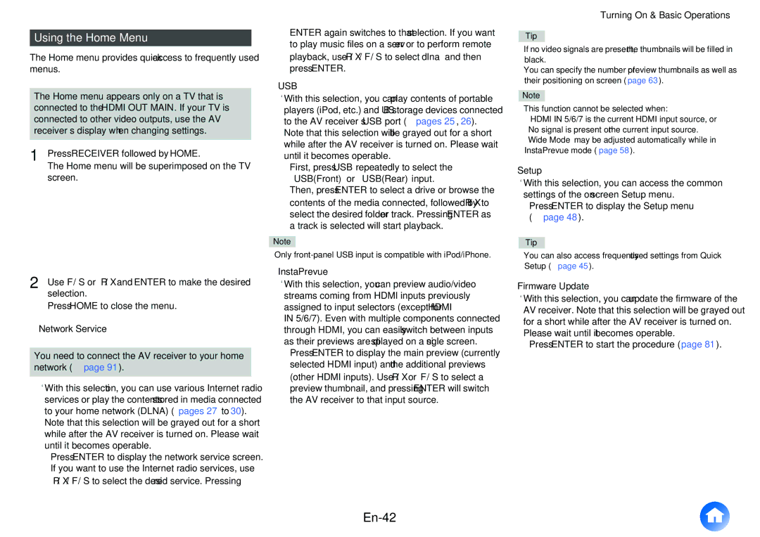 Onkyo TX-NR515 instruction manual En-42, Using the Home Menu, Usb 