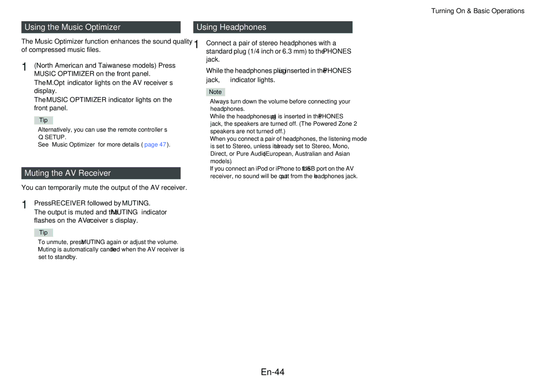 Onkyo TX-NR515 instruction manual En-44, Using the Music Optimizer, Muting the AV Receiver, Using Headphones 