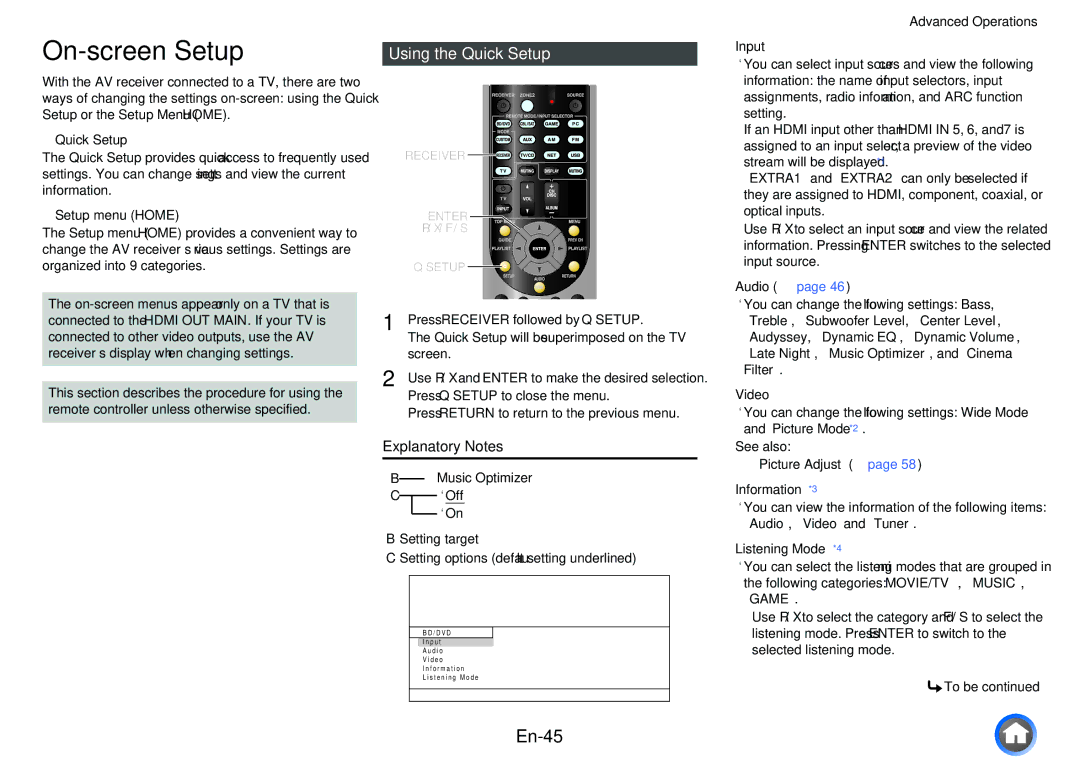 Onkyo TX-NR515 instruction manual On-screen Setup, En-45, Using the Quick Setup, Explanatory Notes 