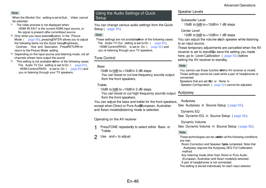 Onkyo TX-NR515 instruction manual En-46, Using the Audio Settings of Quick Setup, Tone Control, Speaker Levels, Audyssey 