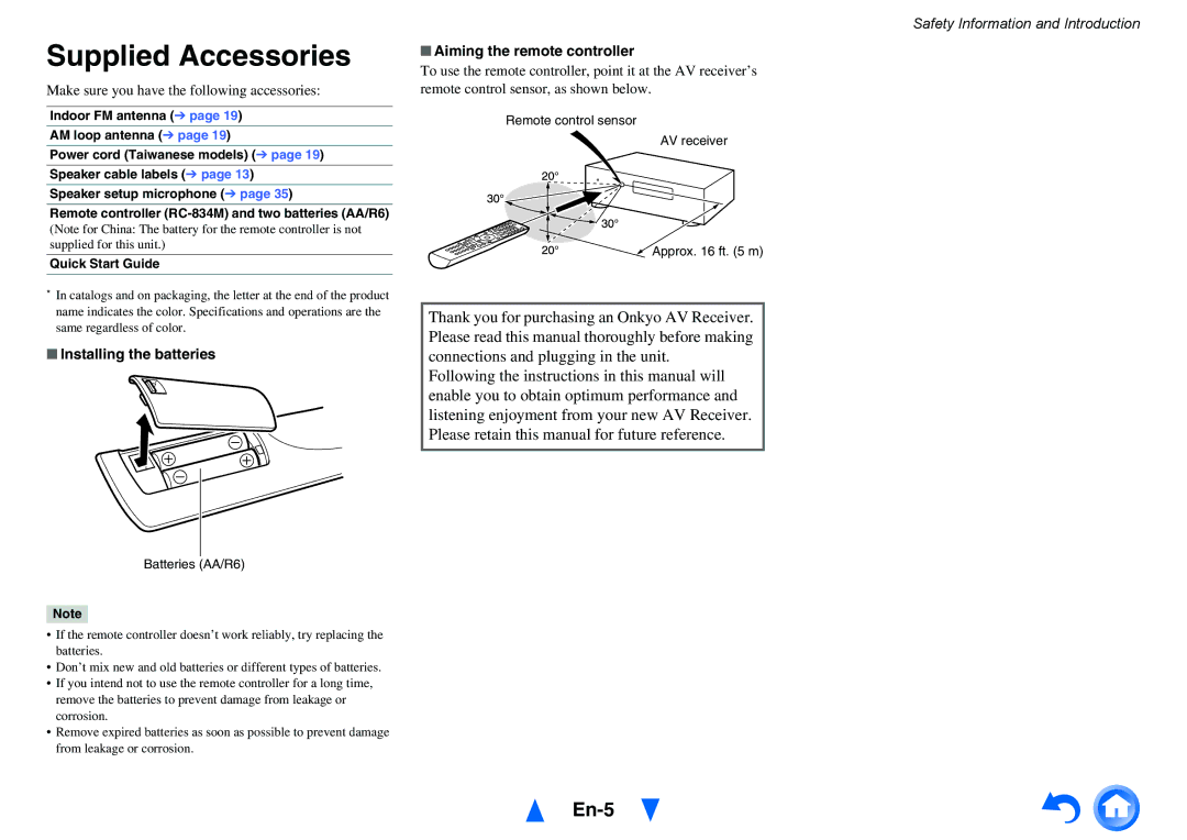 Onkyo TX-NR515 Supplied Accessories, En-5, Make sure you have the following accessories, Installing the batteries 