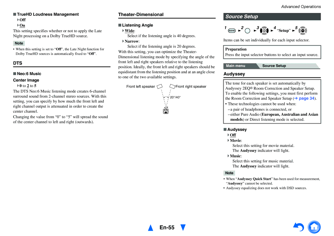 Onkyo TX-NR515 instruction manual En-55, Source Setup, Theater-Dimensional 