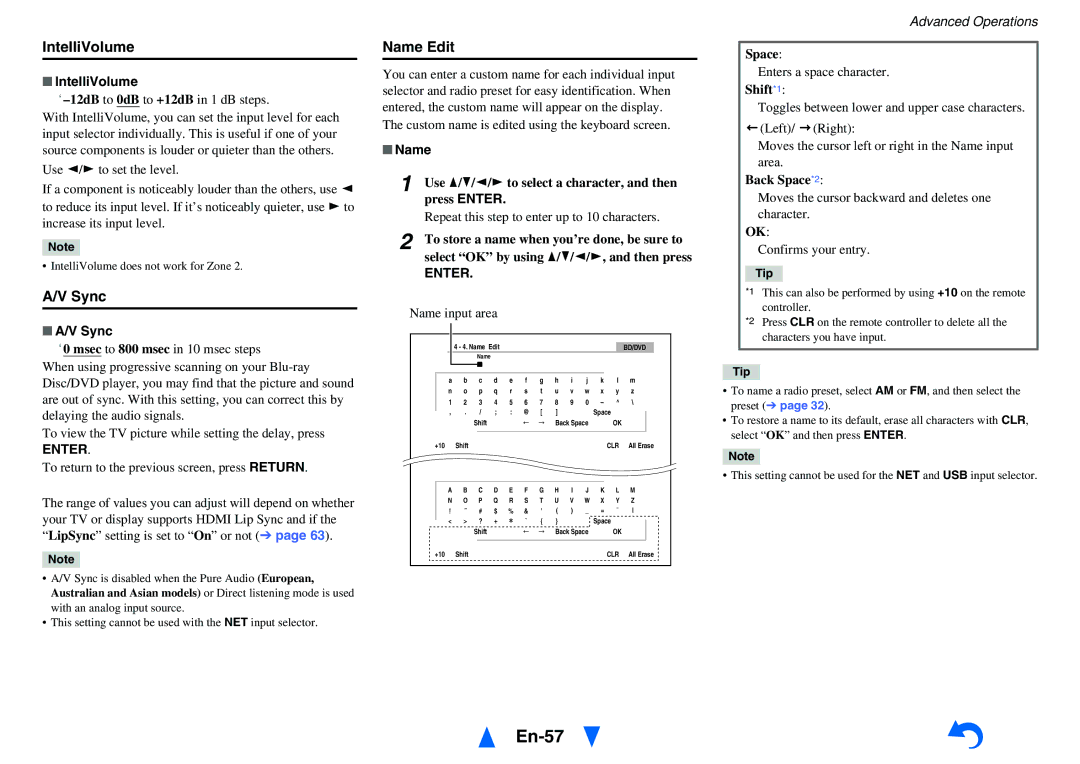 Onkyo TX-NR515 instruction manual En-57, IntelliVolume, Sync, Name Edit 