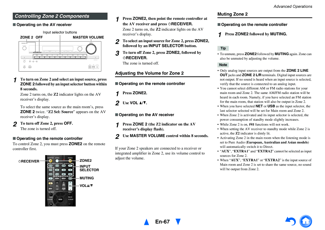 Onkyo TX-NR515 En-67, Controlling Zone 2 Components, Muting Zone, Adjusting the Volume for Zone, 8RECEIVER 