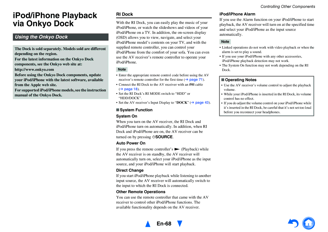 Onkyo TX-NR515 instruction manual IPod/iPhone Playback via Onkyo Dock, En-68, Using the Onkyo Dock, RI Dock 