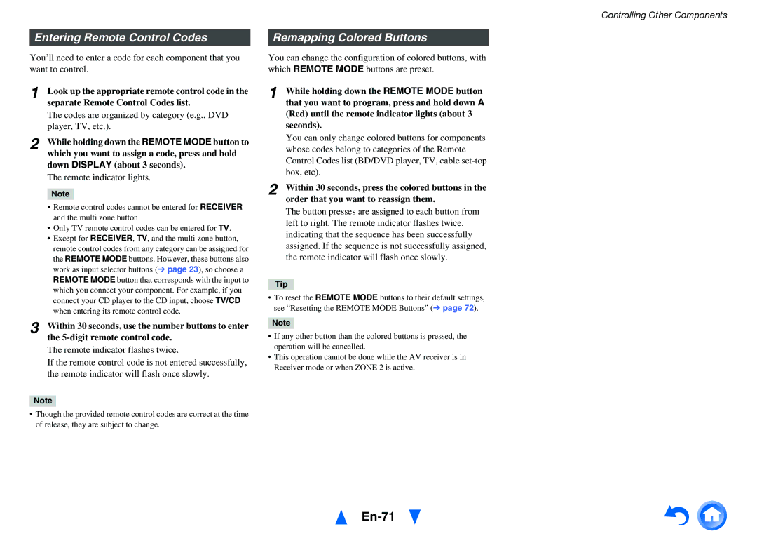 Onkyo TX-NR515 instruction manual En-71, Entering Remote Control Codes, Remapping Colored Buttons 