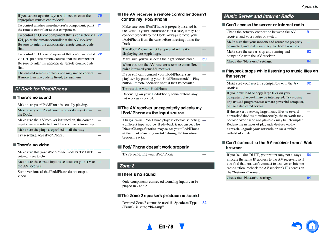 Onkyo TX-NR515 instruction manual En-78, RI Dock for iPod/iPhone, Zone, Music Server and Internet Radio 