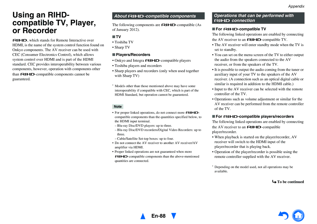 Onkyo TX-NR515 instruction manual Using an RIHD- compatible TV, Player, or Recorder, En-88, About p-compatible components 