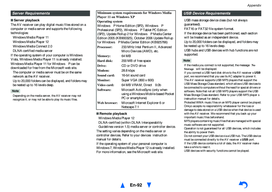 Onkyo TX-NR515 instruction manual En-92, Server Requirements, USB Device Requirements, Server playback, Remote playback 