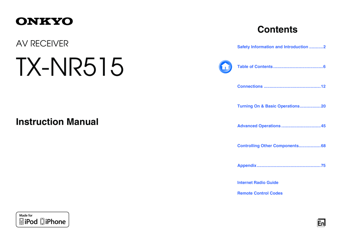 Onkyo TX-NR515 instruction manual Instruction Manual, Contents, Av Receiver 