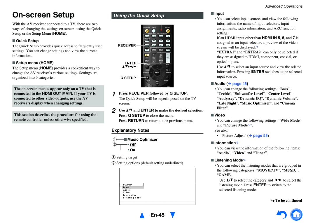 Onkyo TX-NR515 On-screenSetup, En-45, Using the Quick Setup, Setup menu HOME, a Music Optimizer, Advanced Operations 