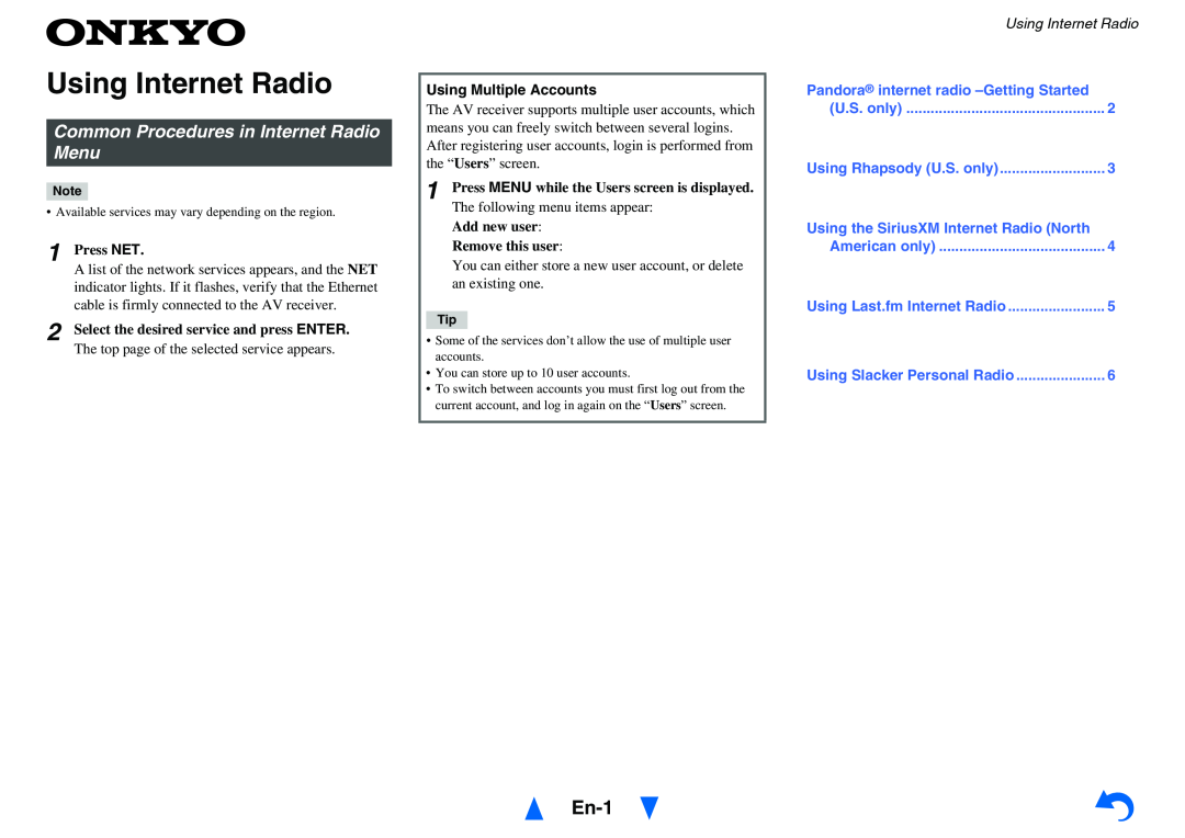 Onkyo TX-NR515 Using Internet Radio, En-1, Common Procedures in Internet Radio Menu, Using Multiple Accounts 
