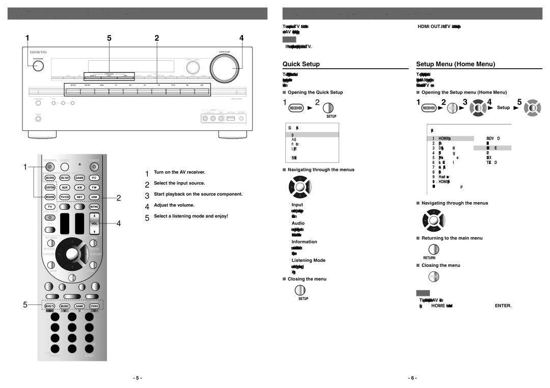 Onkyo TX-NR525 quick start Quick Setup, Setup Menu Home Menu 