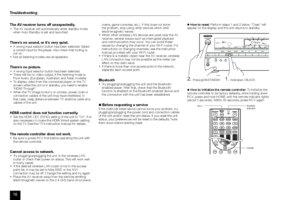 Onkyo TX-NR535 manual Troubleshooting AV receiver turns off unexpectedly, There’s no sound, or it’s very quiet, Bluetooth 