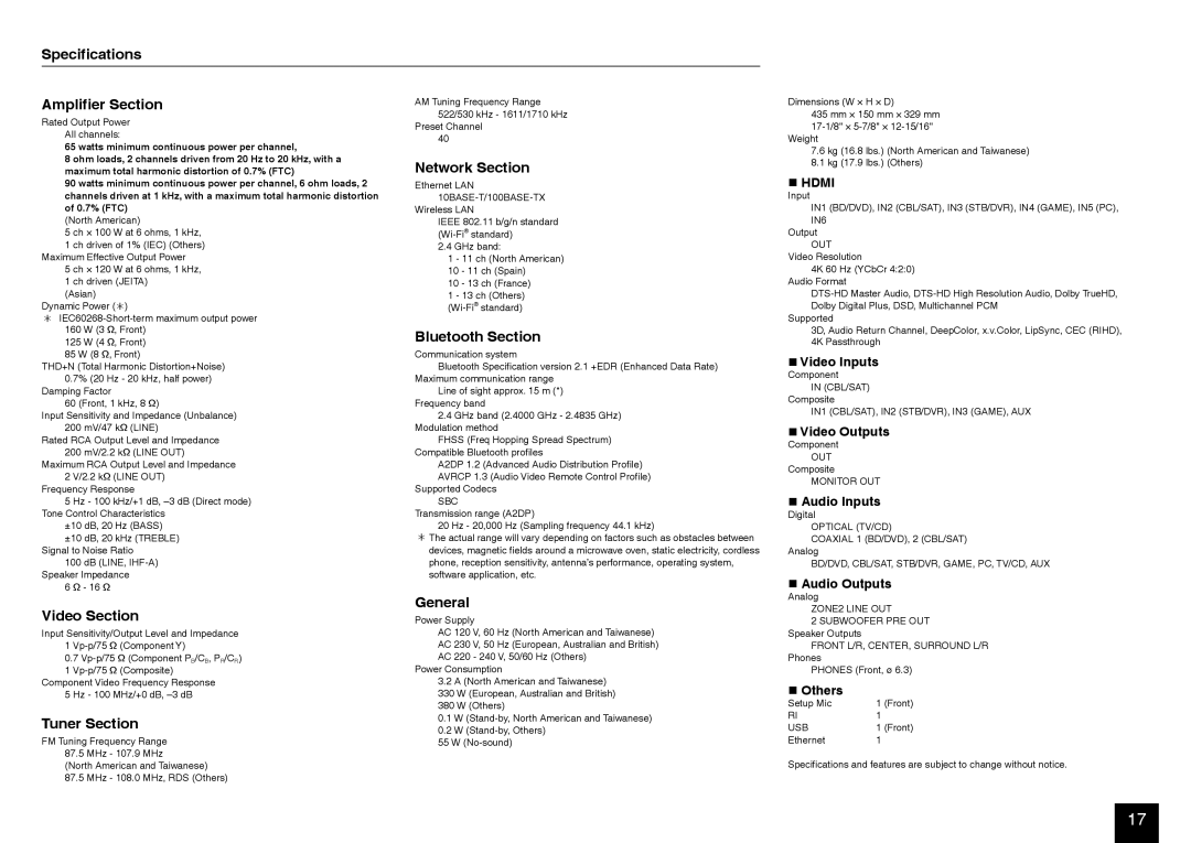 Onkyo TX-NR535 Specifications Amplifier Section, Network Section, Bluetooth Section, Video Section General, Tuner Section 