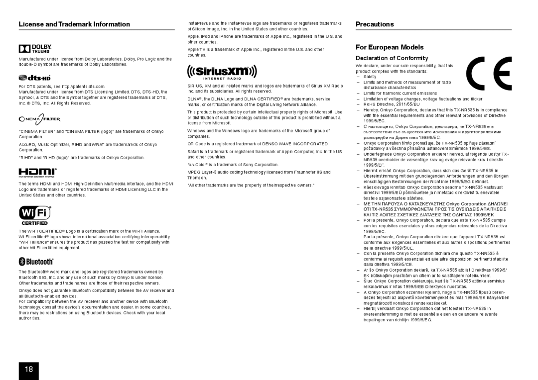 Onkyo TX-NR535 manual License and Trademark Information, Precautions For European Models, Declaration of Conformity 