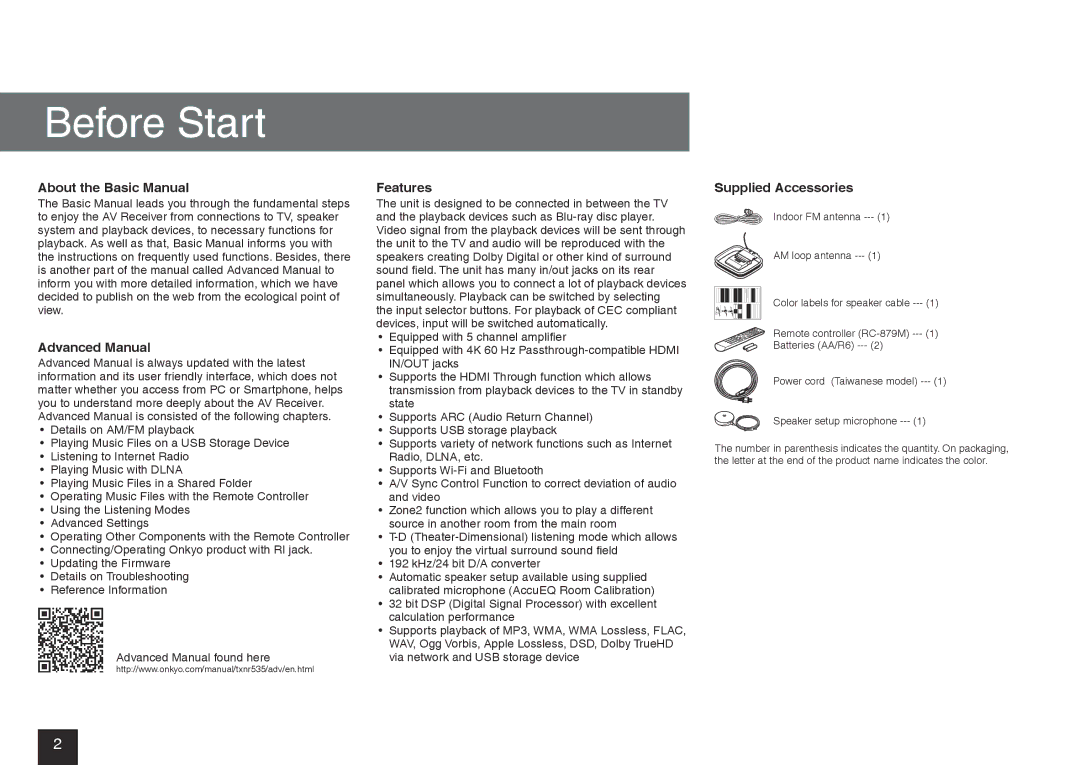 Onkyo TX-NR535 manual About the Basic Manual, Advanced Manual, Features, Supplied Accessories 