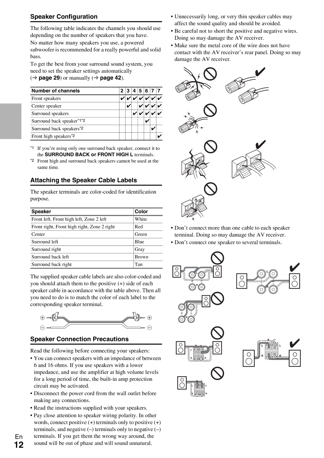 Onkyo TX-NR579 instruction manual Speaker Configuration, Attaching the Speaker Cable Labels, Speaker Connection Precautions 