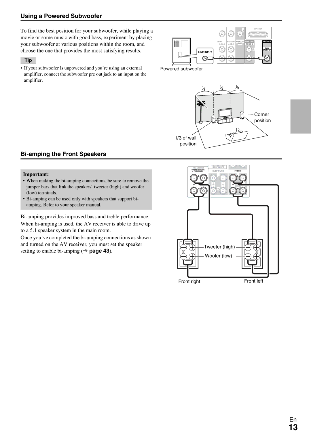 Onkyo TX-NR579 instruction manual Using a Powered Subwoofer, Bi-amping the Front Speakers 