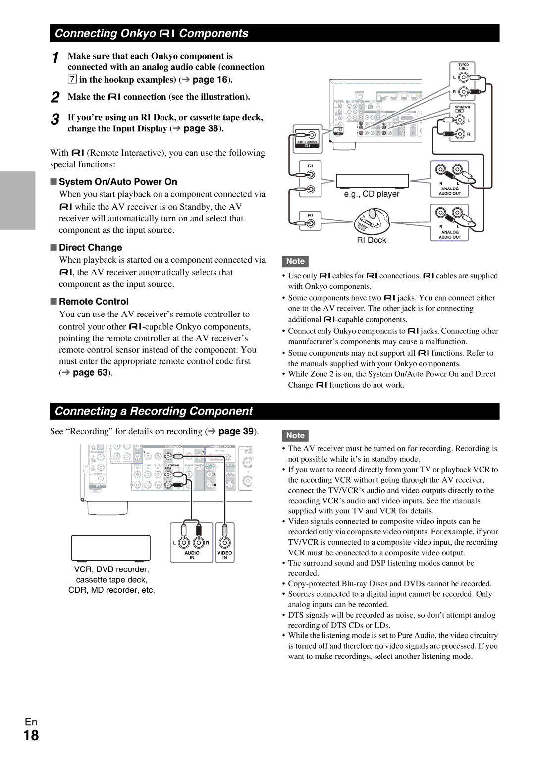 Onkyo TX-NR579 Connecting Onkyo uComponents, Connecting a Recording Component, System On/Auto Power On, Direct Change 