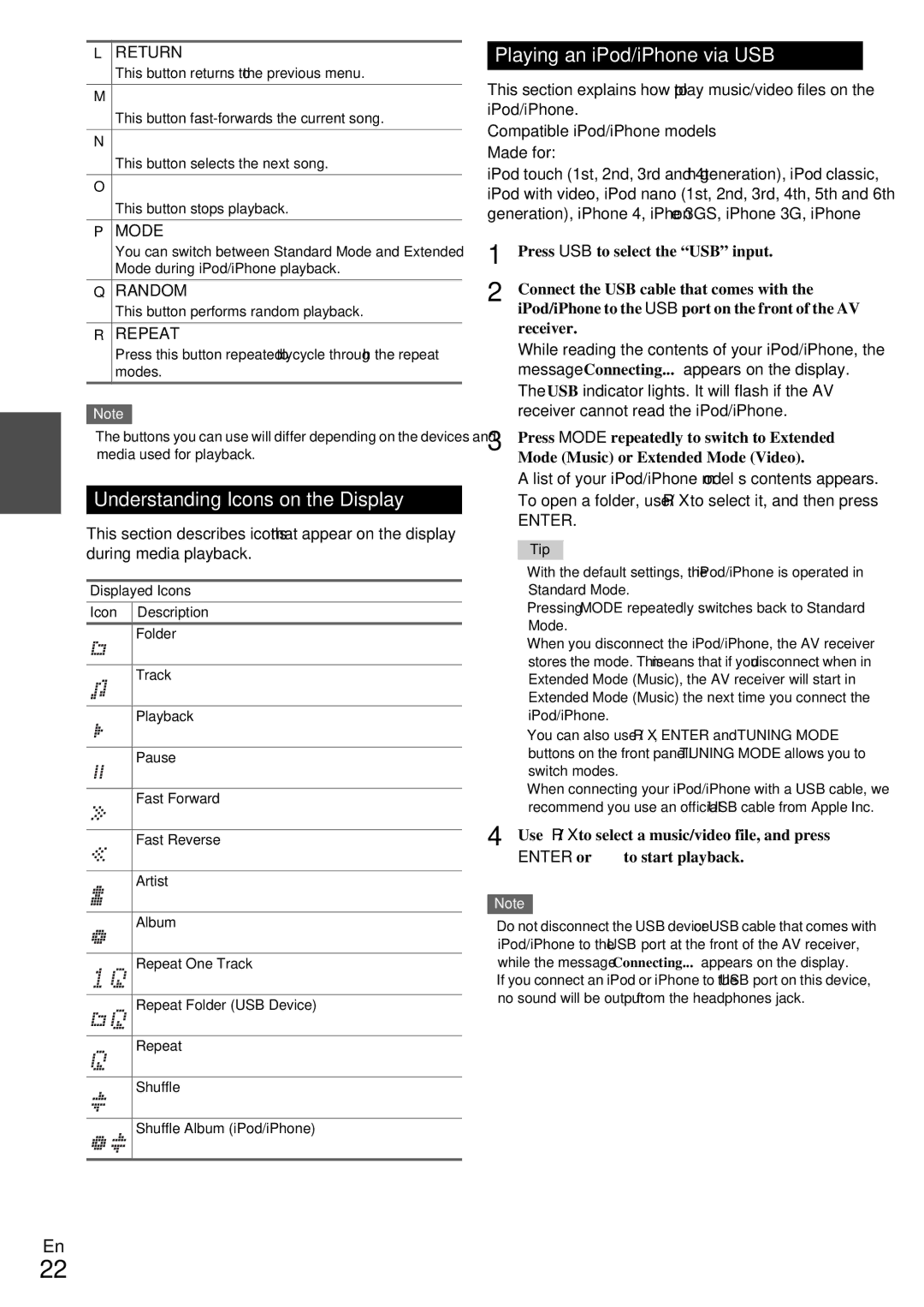 Onkyo TX-NR579 instruction manual Understanding Icons on the Display, Playing an iPod/iPhone via USB, Enter 