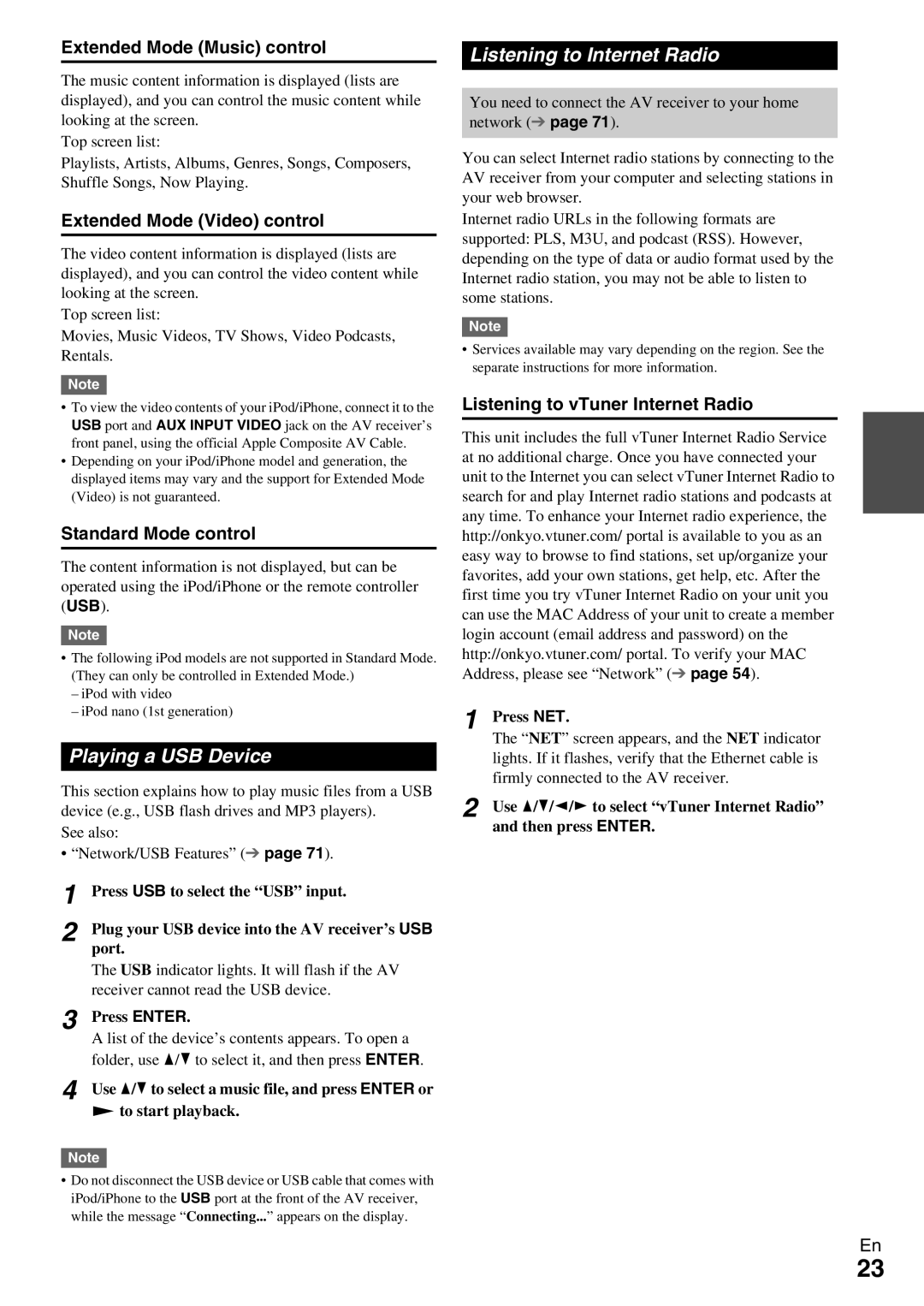 Onkyo TX-NR579 instruction manual Playing a USB Device, Listening to Internet Radio 