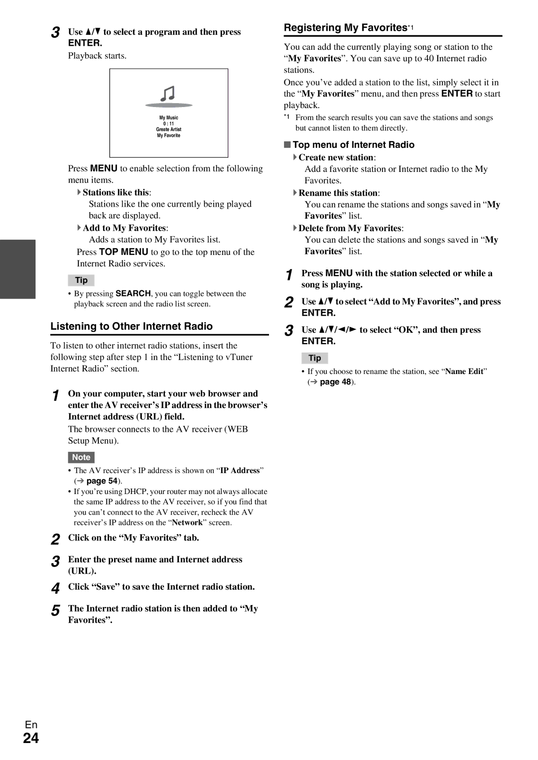 Onkyo TX-NR579 instruction manual Listening to Other Internet Radio, Registering My Favorites*1, Top menu of Internet Radio 