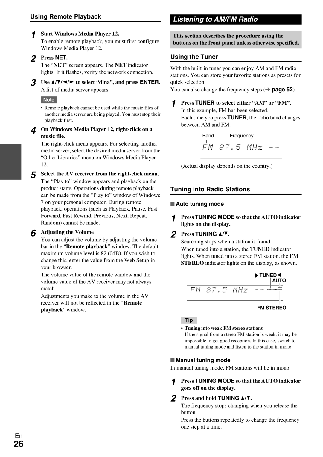 Onkyo TX-NR579 Listening to AM/FM Radio, Using Remote Playback, Using the Tuner, Tuning into Radio Stations 