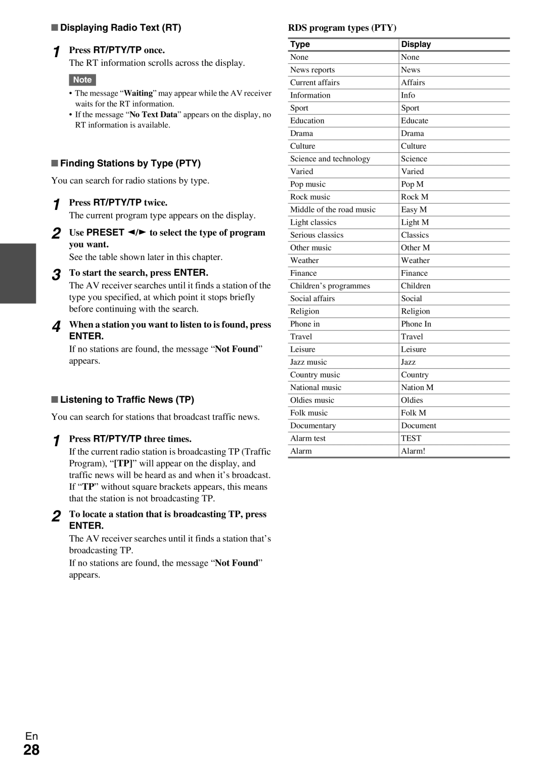 Onkyo TX-NR579 instruction manual Displaying Radio Text RT, Finding Stations by Type PTY, Listening to Traffic News TP 