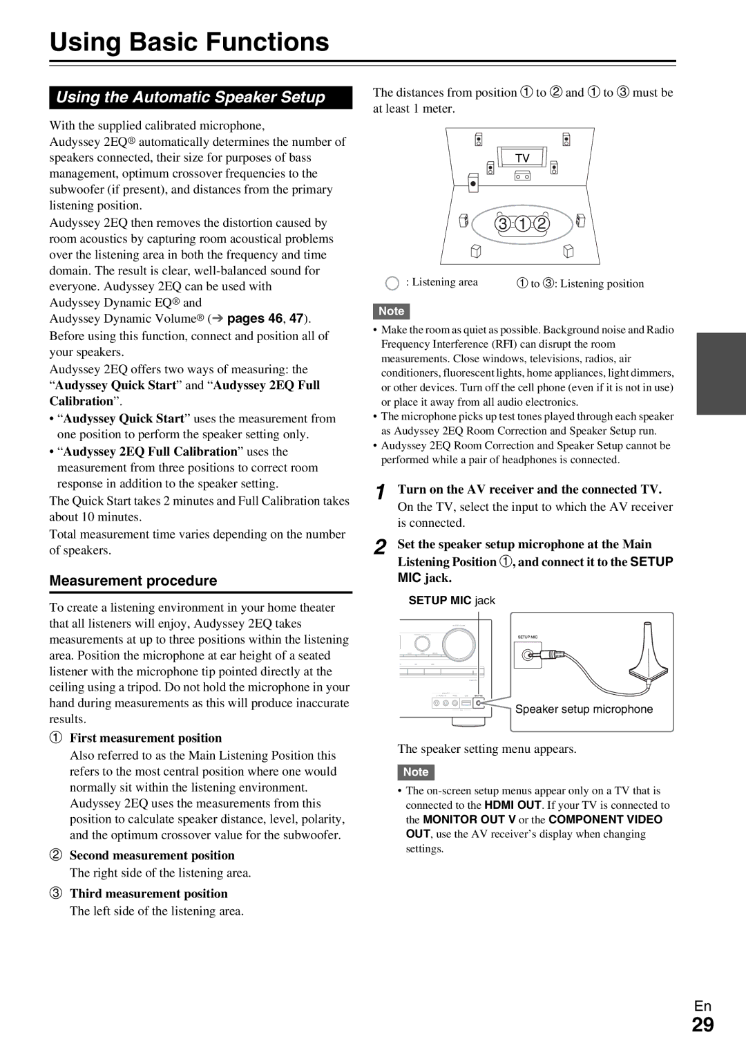 Onkyo TX-NR579 instruction manual Using Basic Functions, Using the Automatic Speaker Setup, Measurement procedure 