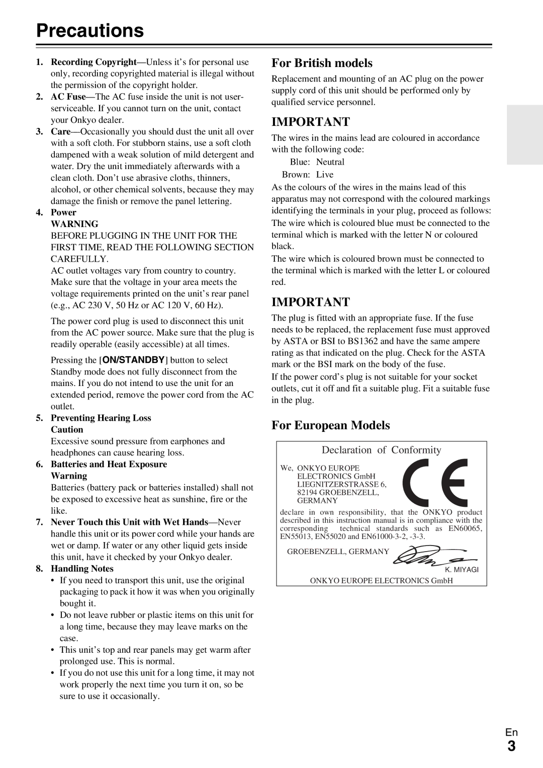 Onkyo TX-NR579 Precautions, Power, Preventing Hearing Loss Caution, Batteries and Heat Exposure Warning, Handling Notes 