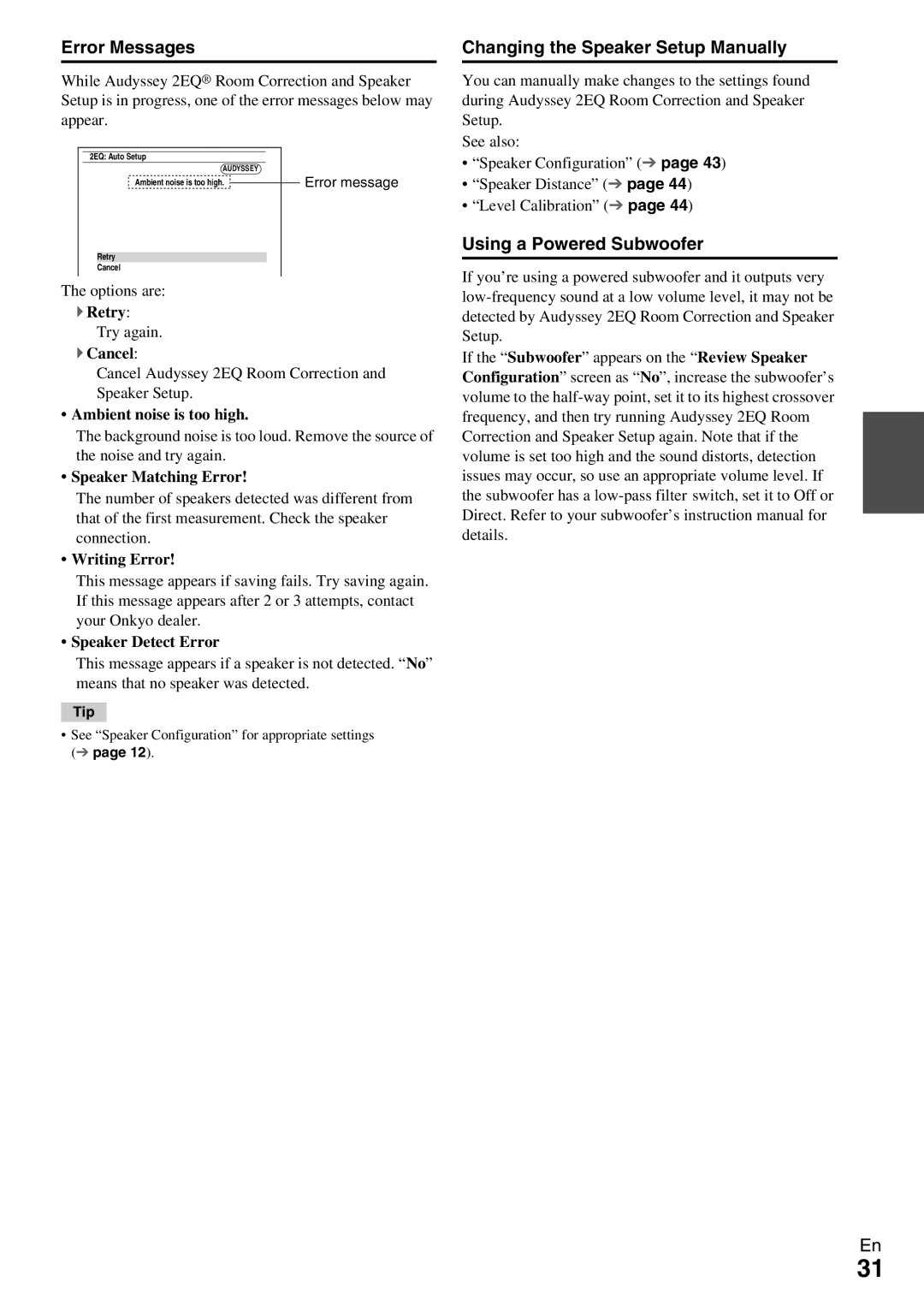 Onkyo TX-NR579 instruction manual Error Messages, Changing the Speaker Setup Manually 