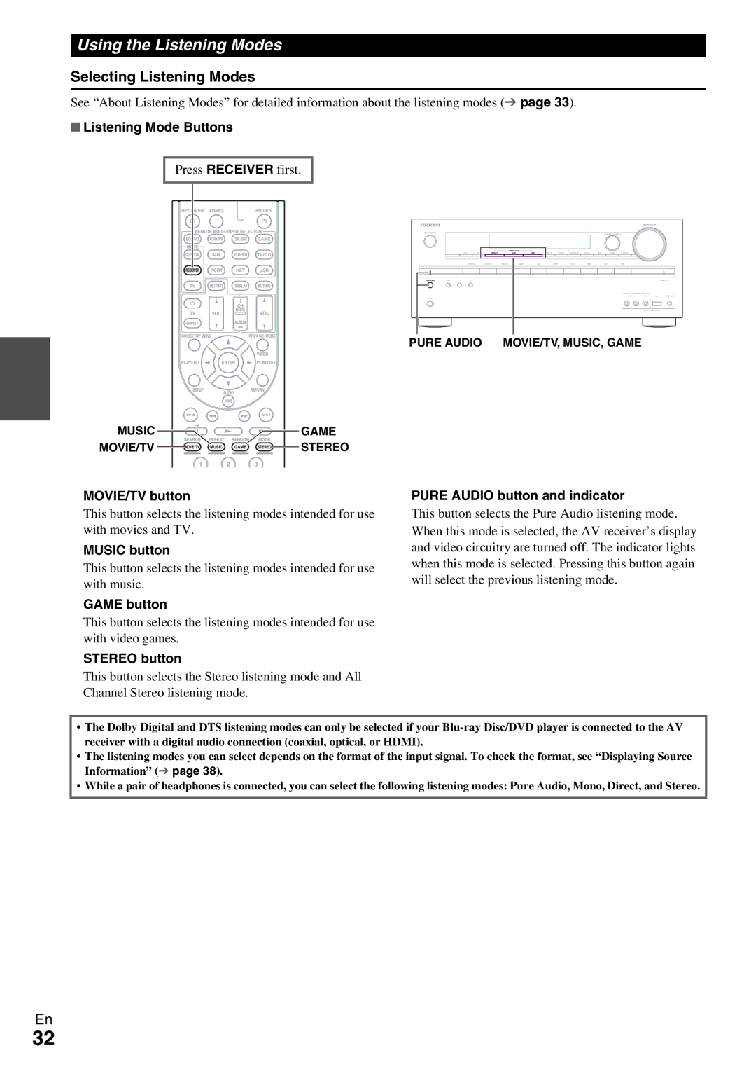 Onkyo TX-NR579 instruction manual Using the Listening Modes, Selecting Listening Modes 