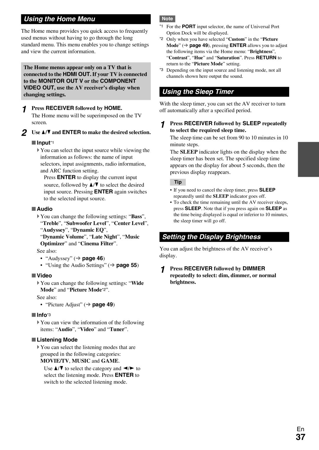 Onkyo TX-NR579 instruction manual Using the Home Menu, Using the Sleep Timer, Setting the Display Brightness 