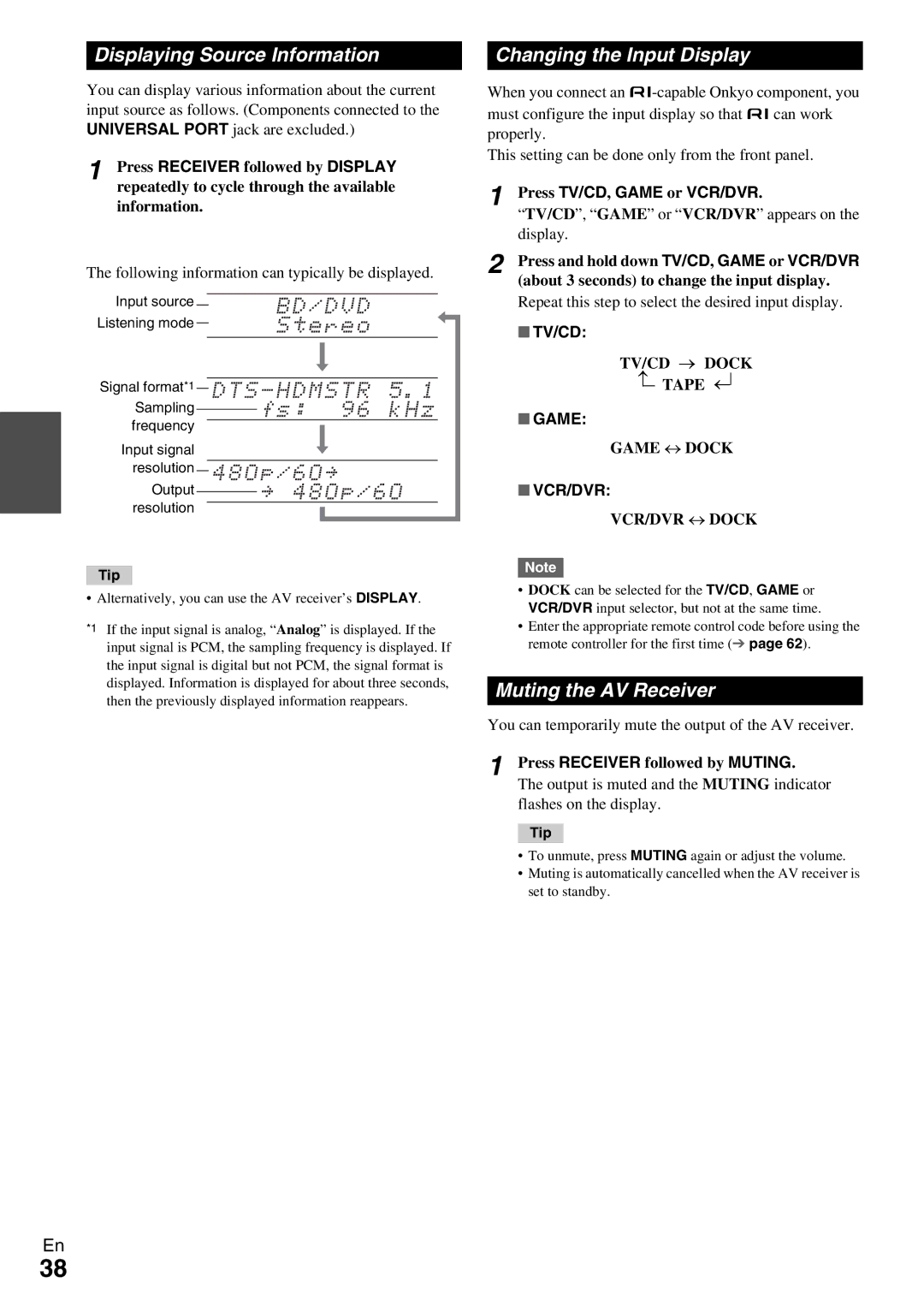 Onkyo TX-NR579 Displaying Source Information, Changing the Input Display, Muting the AV Receiver, Vcr/Dvr 