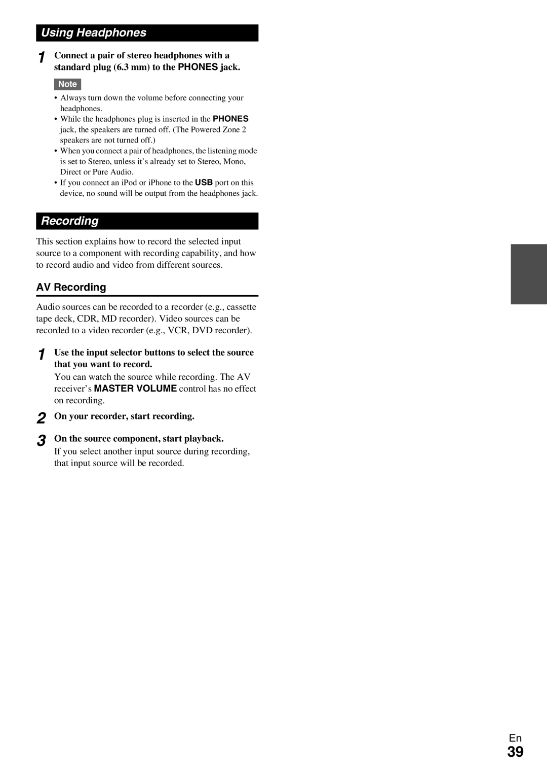 Onkyo TX-NR579 instruction manual Using Headphones, AV Recording 