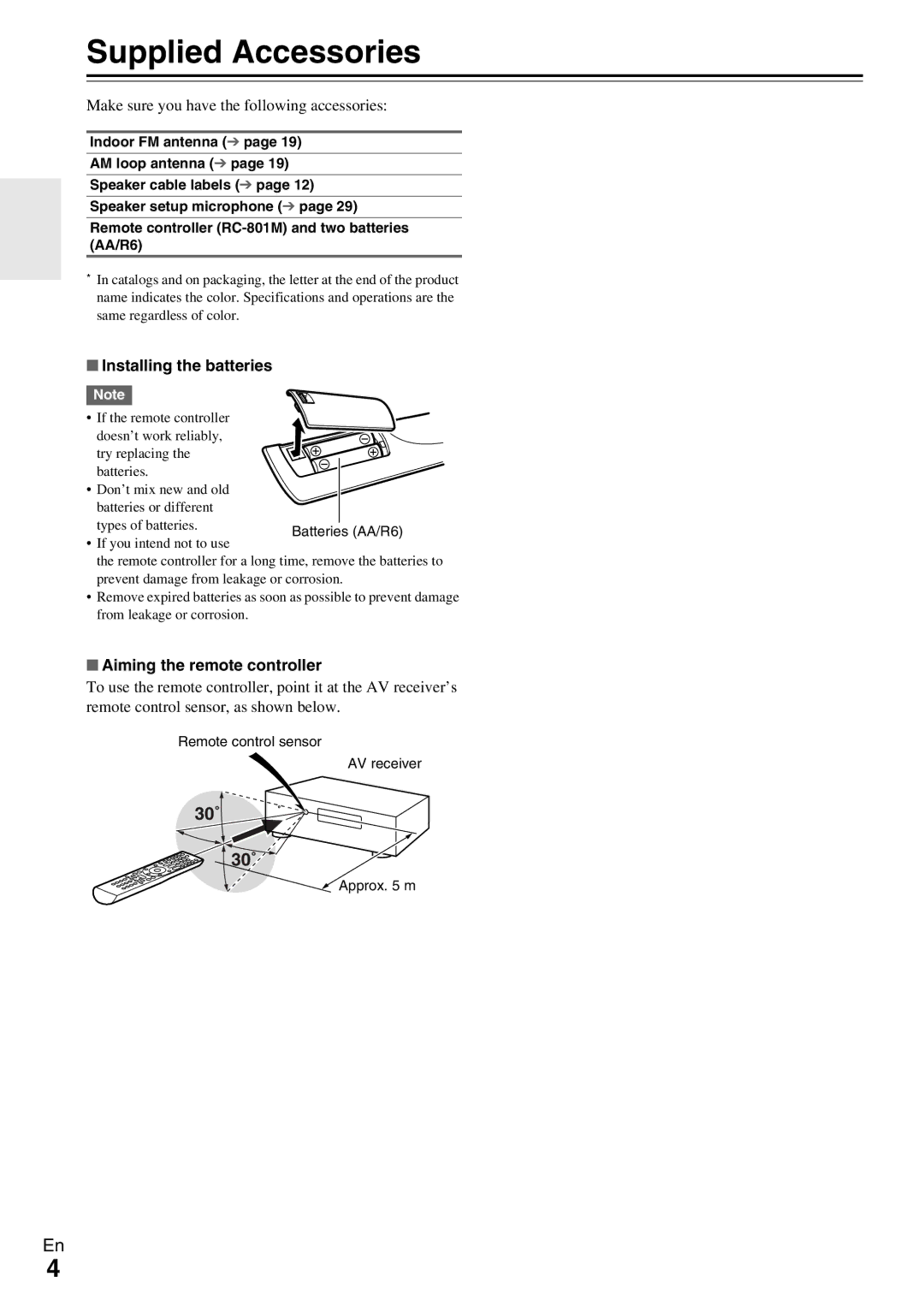 Onkyo TX-NR579 Supplied Accessories, Make sure you have the following accessories, Installing the batteries 